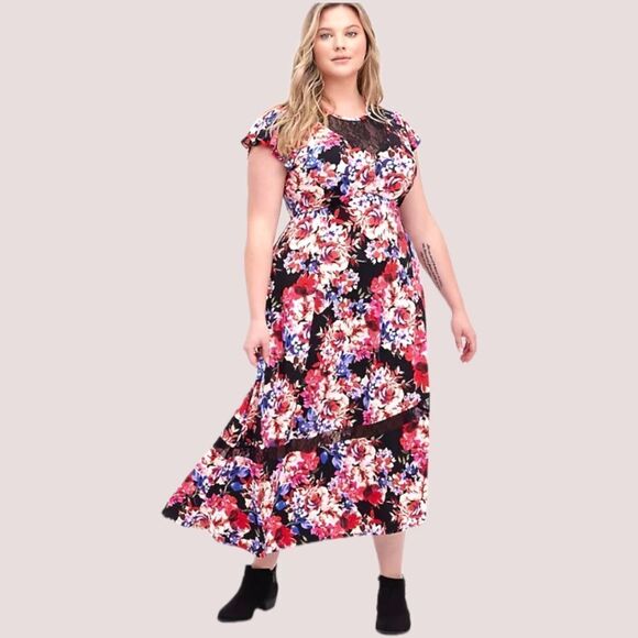 TORRID Plus Size Skater Maxi Dress Studio Knit Lace Floral Black SIZE 3X - Picture 1 of 16